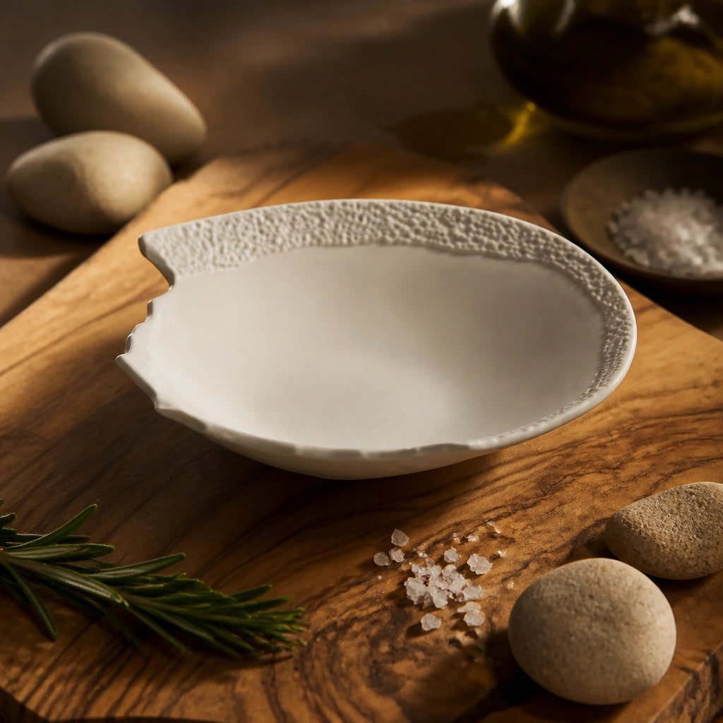 Assiette creuse Roche Albatre - Planche olivier galets romarin