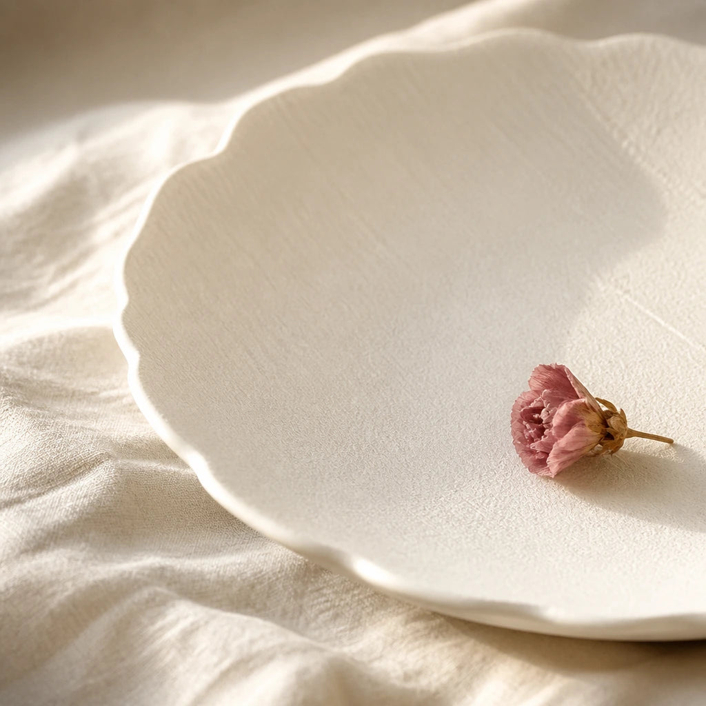 Assiette Petale Albatre - Lin blanc froisse fleur sechee