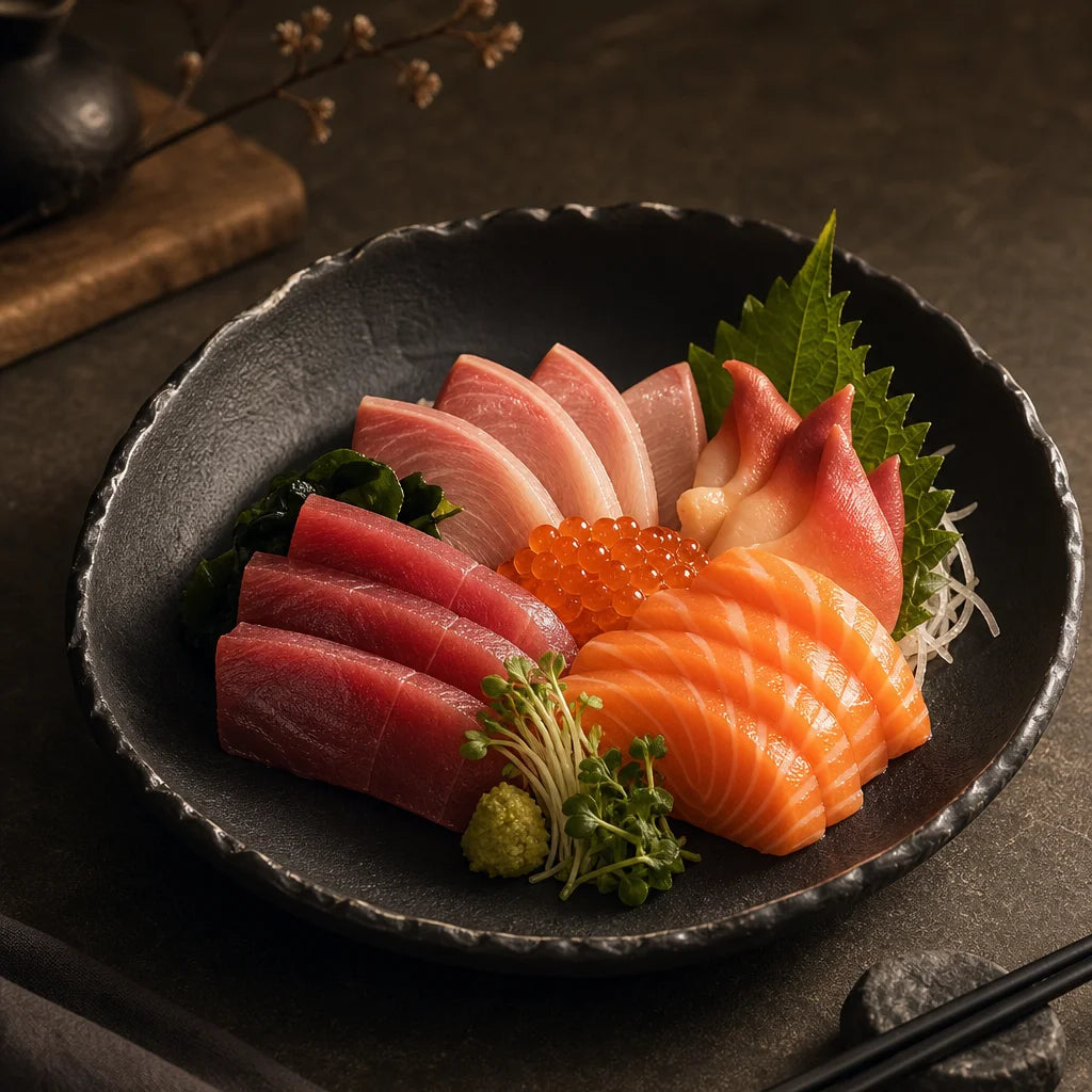 Assiette Halo Onyx - Sashimi luxe saumon thon hamachi hokkigai