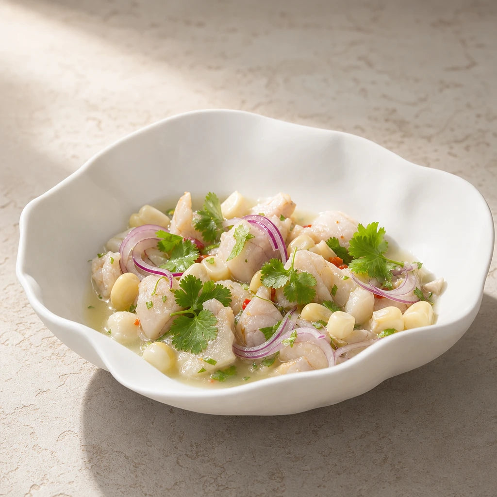 Assiette creuse Vague Albatre - Ceviche poisson cru coriandre