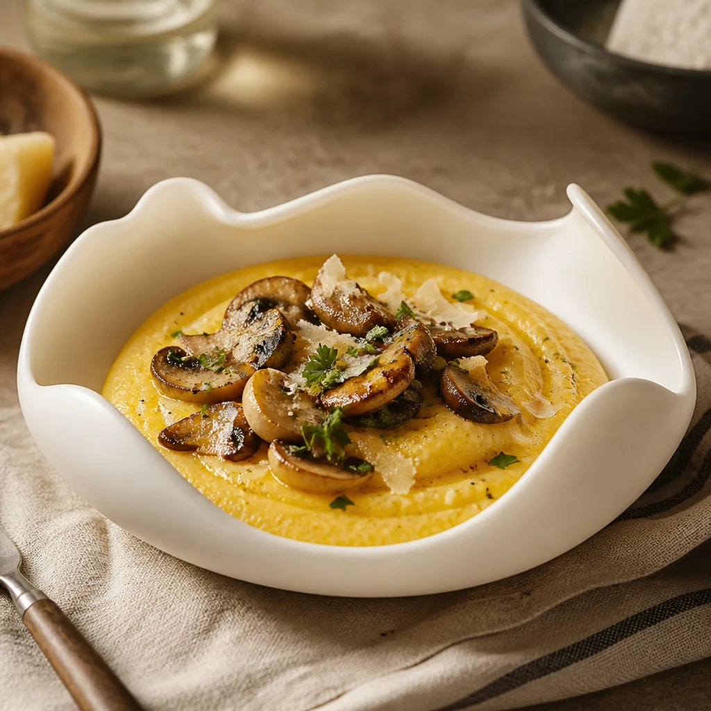 Assiette Crete Albatre - Polenta cremeuse champignons parmesan