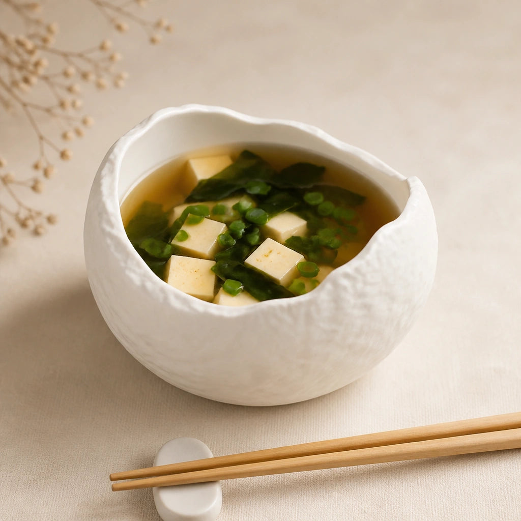 Bol Galet Albatre - Bol rempli de soupe miso traditionnelle tofu wakame baguettes