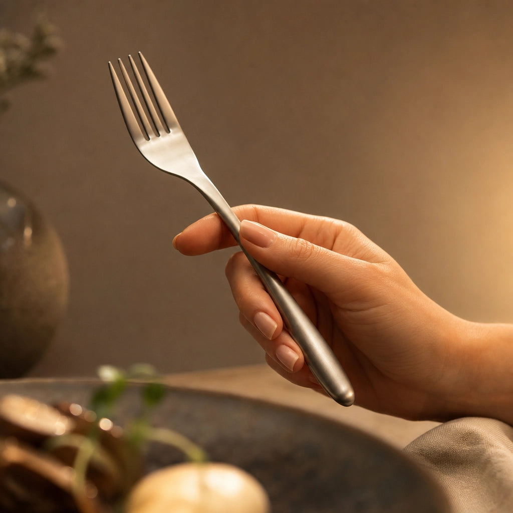 Set 4 couverts Velours - Close-up couverts pris en main assiette gastro