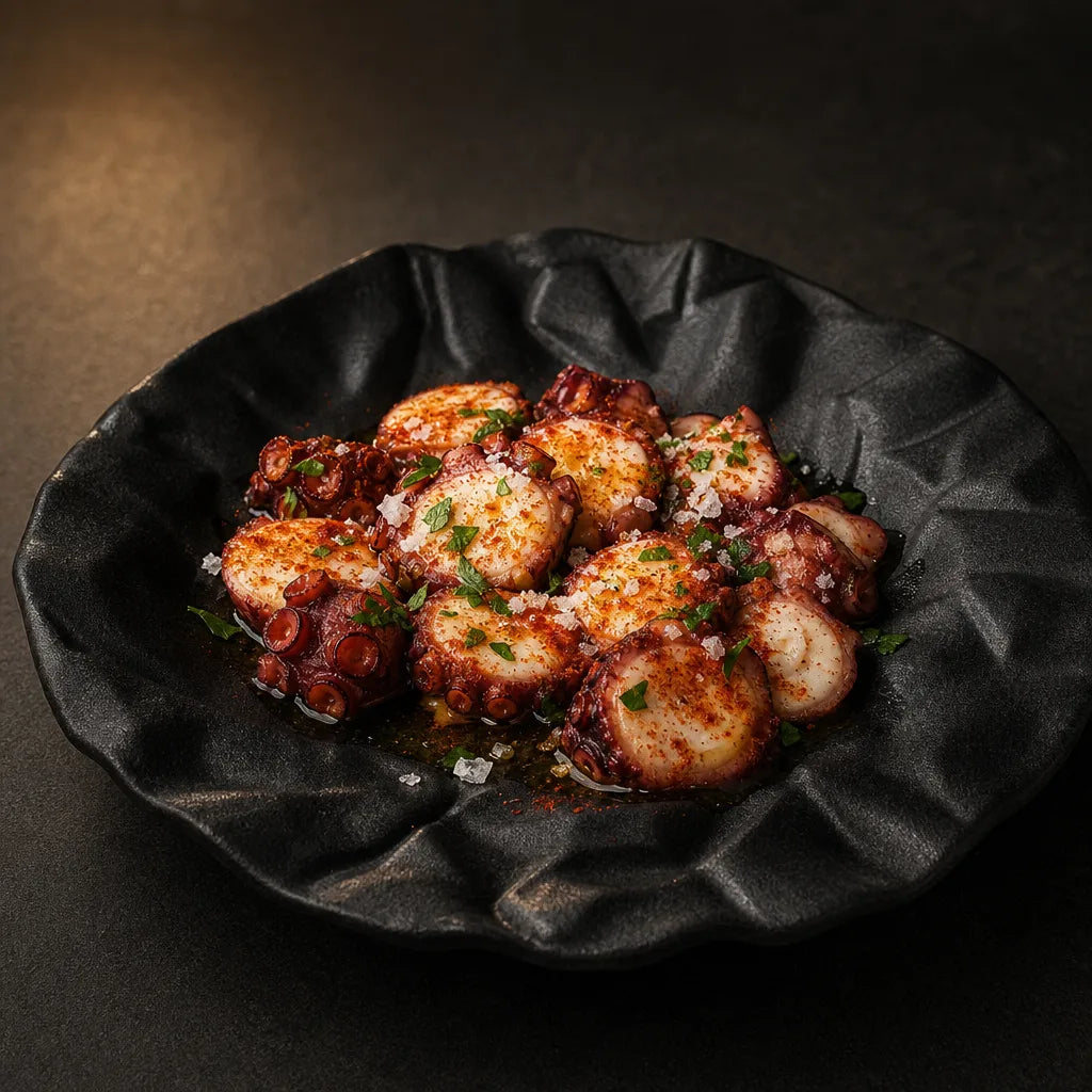 Assiette Faille Onyx - Pulpo a la gallega paprika fume olive sel