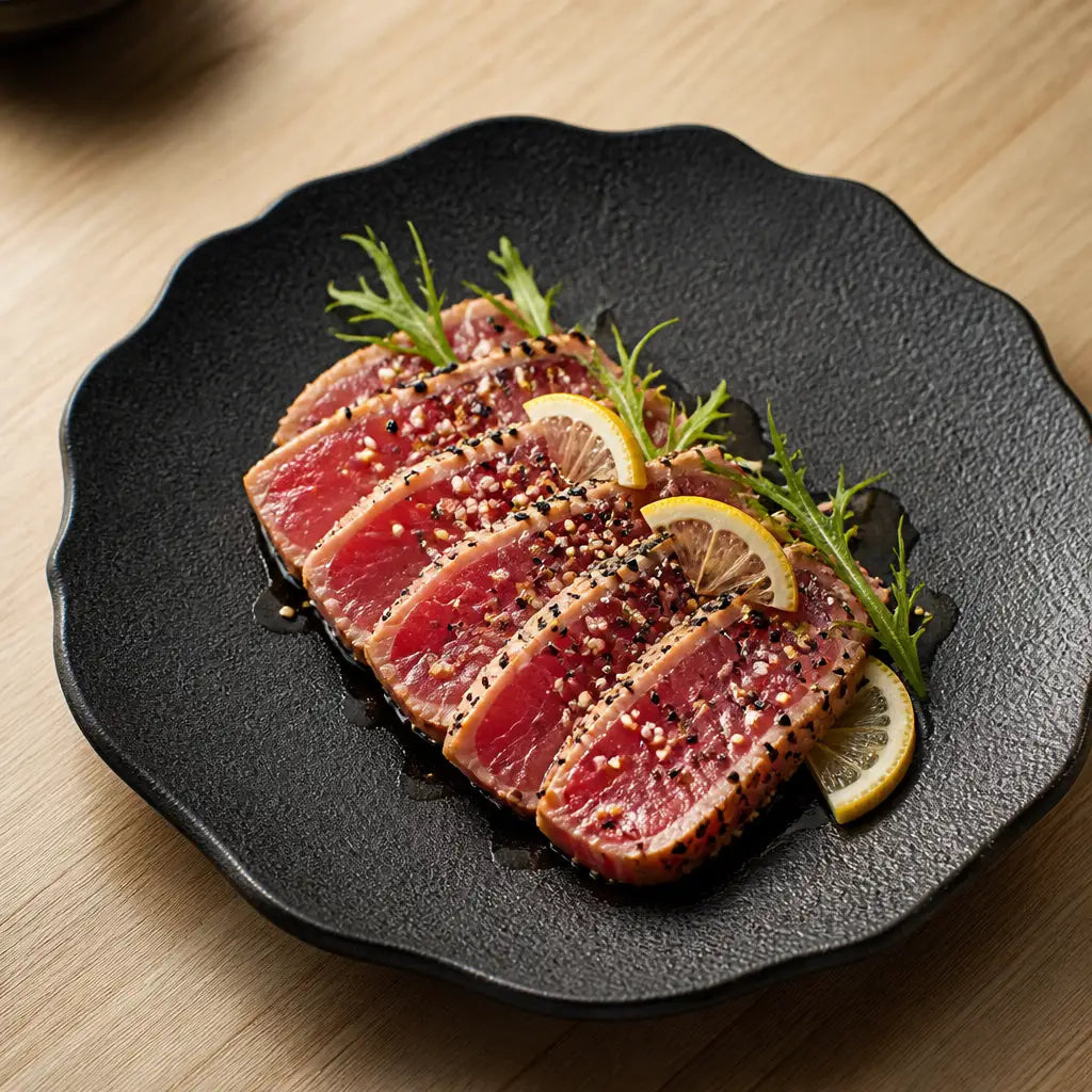 Assiette Petale Onyx - Tataki thon sesame mizuna yuzu